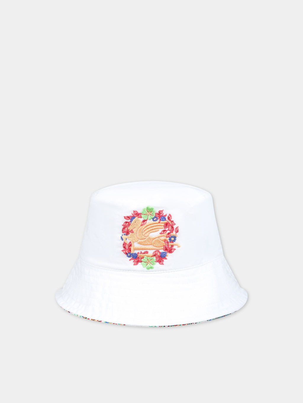 Reversible white cloche for kids with logo and paisley pattern